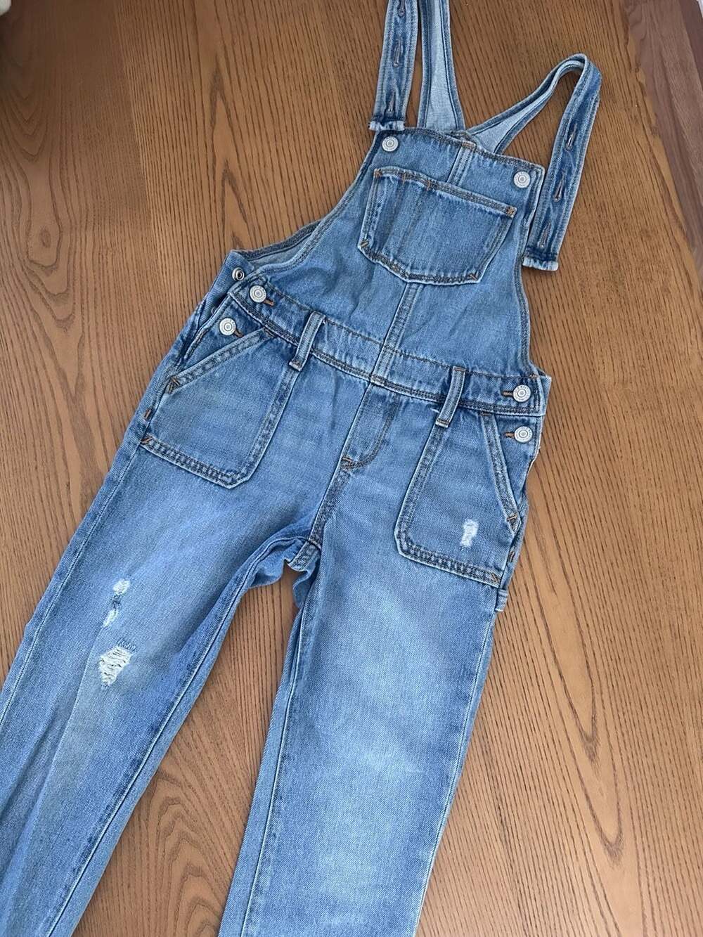 Old Navy Girls Denim Raw Hem Distressed Overalls Size M (8)